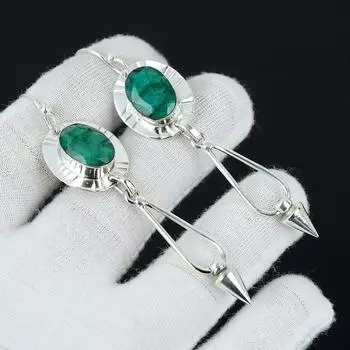 Серьги с изумрудными драгоценными камнями, серьги из изумрудного серебра, овальные серьги с драгоценными камнями, серьги из стерлингового серебра 925 пробы, серьги с драгоценными камнями, серьги для медитации 3.14 зелёный