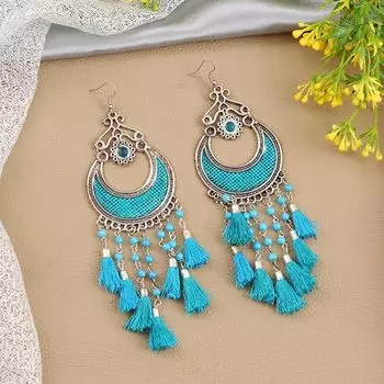 Серьги с кисточками из оксидированного посеребренного жемчуга в афганском стиле