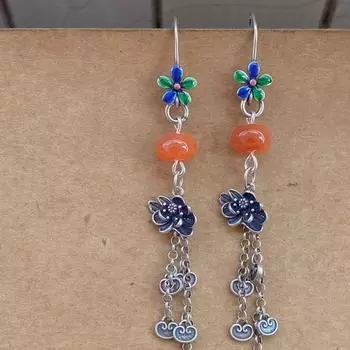 Серьги с кисточками из стерлингового серебра 925 пробы с южным красным агатом и лотосом в стиле ретро, длинные висячие серьги с цветком и эмалью для женщин EH138 серебряный