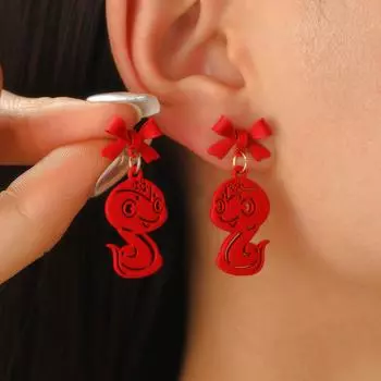 Серьги с красным бантом в виде змеи со знаком зодиака Новогодние серьги 1 pair
