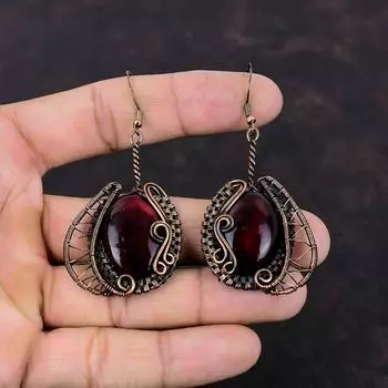 Серьги с красным огнем и лабрадоритом, серьги из медной проволоки, ювелирные изделия ручной работы, серьги с драгоценными камнями, удивительные серьги, подарок на годовщину, медные ювелирные изделия