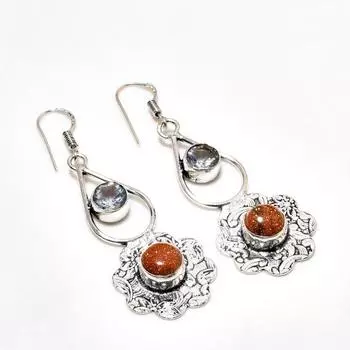 Серьги с красным солнечным камнем, белым топазом, посеребренные 925 пробы, 2,27 дюйма