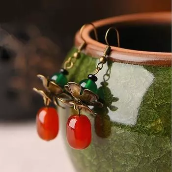 Серьги с красными зелеными камнями для женщин, винтажные серьги-цветы из медного сплава, модные ювелирные изделия, простые женские серьги