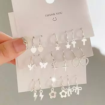 Серьги с крестом и бабочкой с цветочным принтом и простым набором сережек из трех частей