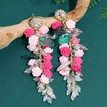 Серьги с кристаллами и цветами Розовая роза Подарочные украшения для ушей Серьги-кисточки для девочек розовый