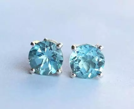 Серьги с круглым голубым топазом из стерлингового серебра 925 пробы, серьги-гвоздики с драгоценными камнями