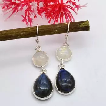 Серьги с круглым и грушевым кабошоном из натурального лунного камня и лабрадорита, стерлинговое серебро 925 пробы, серебряные серьги ручной работы для женщин