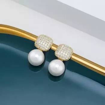 Серьги с квадратным жемчугом и цирконием, полные бриллиантов, серебряные иглы, простые, темпераментные, высококачественные серьги, женские, французские, легкие, роскошные серьги-гвоздики 14k белый