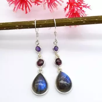 Серьги с лабрадоритом, гранатом и аметистом, серьги из стерлингового серебра 925 пробы, серьги в стиле бохо, дизайнерские серьги ручной работы, серьги-подвески для свадьбы