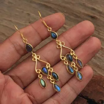 Серьги с лабрадоритом и лунным камнем, позолоченные из желтого золота, серебряные украшения, женские серьги с подвесками, украшения ручной работы синий