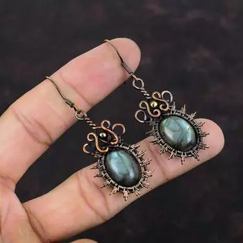 Серьги с лабрадоритом, серьги из медной проволоки, серьги ручной работы, серьги из натурального драгоценного камня, уникальные ювелирные изделия из медной проволоки, серьги в этническом стиле
