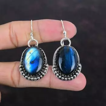 Серьги с лабрадоритом Серьги из натурального драгоценного камня Серьги из стерлингового серебра 925 пробы Ювелирные изделия в стиле бохо Серьги ручной работы Подарки на помолвку Серьги с камнями по рождению