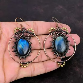 Серьги с лабрадоритом, серьги из медной проволоки, ювелирные изделия из драгоценных камней, серьги ручной работы, уникальные ювелирные изделия из медной проволоки, подарки для нее, висячие серьги