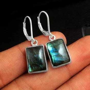 Серьги с лабрадоритом, серьги с замком на рычаге, серебряные украшения, серебро 925 пробы, серьги ручной работы