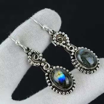 Серьги с лабрадором, серьги из стерлингового серебра 925 пробы, серьги ручной работы, овальные серьги с драгоценными камнями тигрового глаза, подарок для матери, серьги с драгоценными камнями 1.96 синий