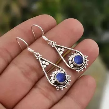 Серьги с лазуритом, круглый драгоценный камень лазурит, серьги из чистого серебра 925 пробы