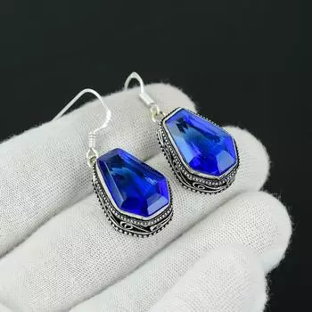 Серьги с лондонским голубым топазом, серьги из стерлингового серебра 925 пробы, серьги-подвески из серебра в стиле бохо ручной работы, подарок на свадьбу 1.96 синий