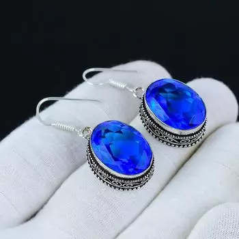 Серьги с лондонским голубым топазом, серьги из стерлингового серебра 925 пробы, серьги ручной работы, антикварные серьги, драгоценный камень лондонского голубого топаза, подарки для матери 1.96 синий