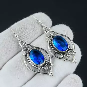 Серьги с лондонским голубым топазом, серебряные серьги с лондонским голубым топазом, овальные серьги, серьги из стерлингового серебра 925 пробы, серьги с драгоценными камнями, серьги с подвесками 2.16 синий