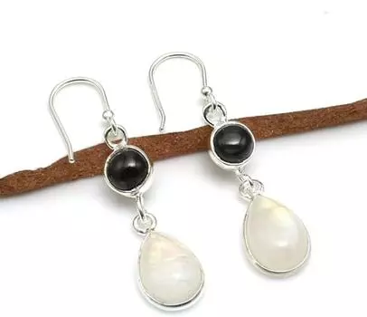 Серьги с лунным камнем и черным ониксом, серебро 925 пробы, серьги с камнями, висящими в форме сердца, подарок для нее, серьги ручной работы