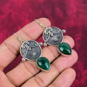 Серьги с малахитом, ювелирные изделия из стерлингового серебра 925 пробы, подарок для женщин, серьги ручной работы, ювелирные изделия с драгоценными камнями 2.24 Inches зелёный