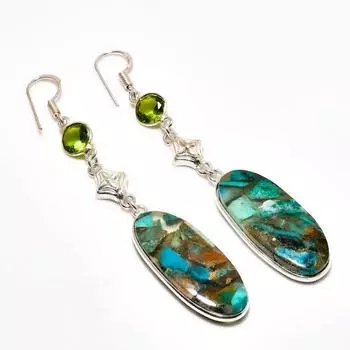 Серьги с медной хризоколлой и драгоценным камнем перидот 925, посеребренные, 3,03 дюйма