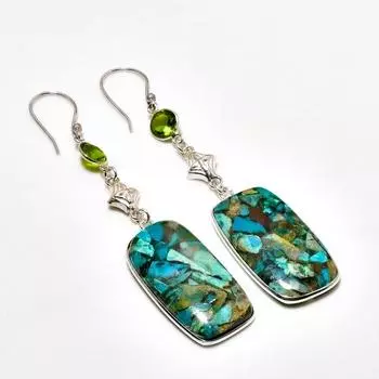Серьги с медной хризоколлой и драгоценным камнем перидот 925, посеребренные, 3,21 дюйма