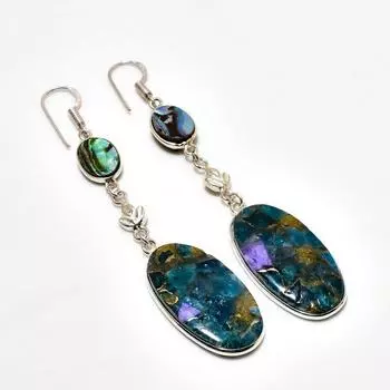 Серьги с медным апатитом и драгоценным камнем-ракушкой ушка 925, посеребренные, 3,03 дюйма