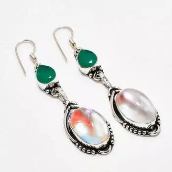 Серьги с мистическим радужным топазом и зеленым ониксом 925 пробы, посеребренные, 2,46 дюйма