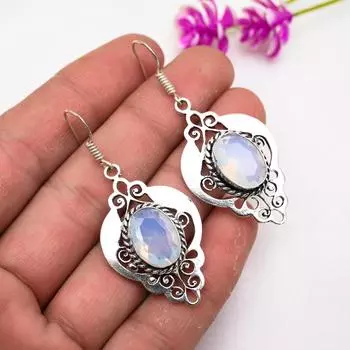 Серьги с молочным опалом, драгоценные камни, серьги из чистого серебра 925 пробы, серьги ручной работы с камнями по месяцу рождения, подарок для него 2.16 Inches белый