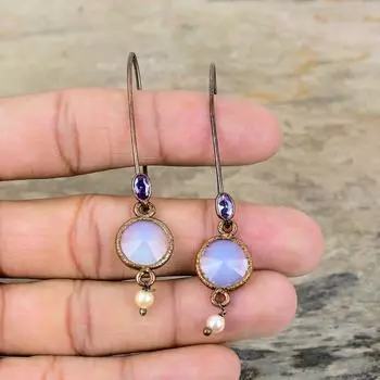 Серьги с молочным опалом, медные серьги из гальванопластики, серьги с африканским аметистом, гальванические украшения, серьги ручной работы из настоящего драгоценного камня, подарок для мамы