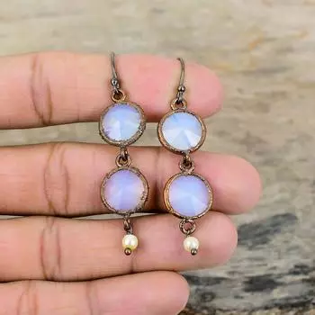 Серьги с молочным опалом, медные серьги, гальванические украшения, оригинальные серьги с драгоценными камнями, ювелирные изделия ручной работы, гальванопластика, свадебный подарок