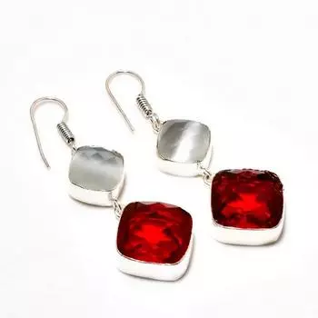 Серьги с мозамбикским гранатом, халцедоном, посеребренные 925 пробы, 1,89 дюйма