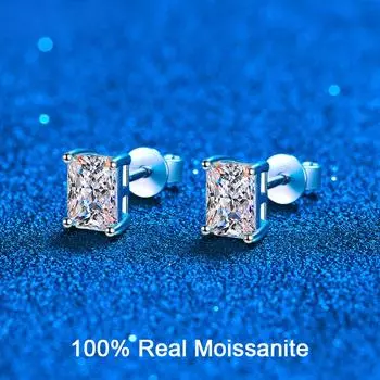 Серьги с муассанитом изумрудной огранки для женщин и девочек, блестящие серьги-гвоздики с бриллиантами VVS1, созданные в лаборатории S925, серебряные серьги-гвоздики с муассанитом Total Carat 1CT
