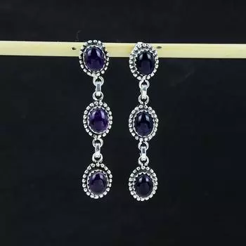 Серьги с натуральным аметистом, серьги из стерлингового серебра 925 пробы, серьги-подвески из серебра ручной работы в стиле бохо, подарок на день рождения для любимого человека 2.75 фиолетовый