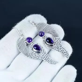 Серьги с натуральным аметистом, серьги из стерлингового серебра 925 пробы, серьги-подвески из серебра в стиле бохо ручной работы, подарок на годовщину 7 Cm фиолетовый