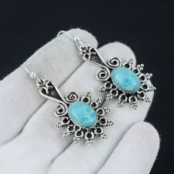 Серьги с натуральным драгоценным камнем Ларимар, овальные серьги с драгоценными камнями Ларимар, серьги из стерлингового серебра 925 пробы, женские серьги с камнем Ларимар 2.36 синий