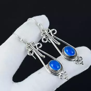 Серьги с натуральным голубым халцедоном, серьги из стерлингового серебра 925 пробы, серьги-подвески из серебра ручной работы в стиле бохо, подарок маме 2.55 синий