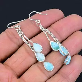 Серьги с натуральным камнем Ларимар, серебро 925 пробы, висячие серьги, подарок для нее, женские серьги, украшения ручной работы