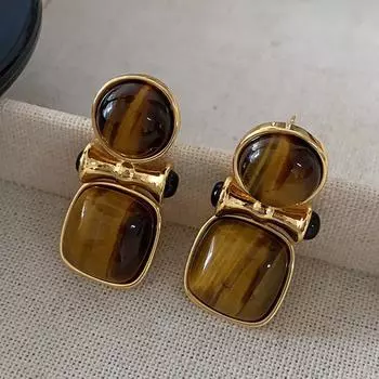 Серьги с натуральным камнем тигровый глаз, женские кофейного цвета, изысканные маленькие серьги, серьги высокого класса, легкие роскошные ретро-серьги.