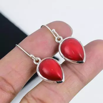 Серьги с натуральным красным кораллом, серьги из стерлингового серебра 925 пробы, серьги-подвески из серебра ручной работы в стиле бохо, подарок на помолвку 1.77 красный