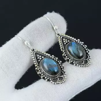 Серьги с натуральным лабрадоритом, серьги из стерлингового серебра 925 пробы, серьги-подвески из серебра ручной работы в стиле бохо, подарки на годовщину 1.96 синий