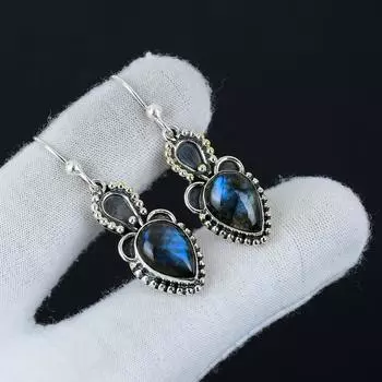 Серьги с натуральным лабрадоритом, серьги из стерлингового серебра 925 пробы, серьги-подвески ручной работы в стиле бохо, украшения из серебра для вечеринок, подарки 1.96 синий