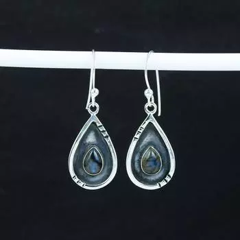 Серьги с натуральным лабрадоритом, серебряные серьги 925 пробы, серьги-подвески из серебра ручной работы в стиле бохо, подарок на День благодарения 1.77 синий