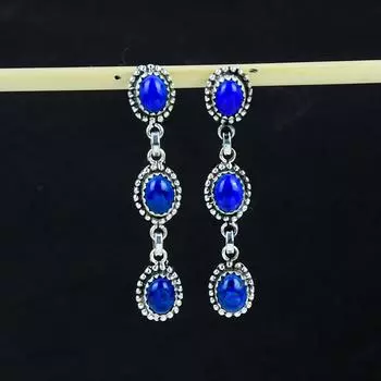 Серьги с натуральным лазуритом, серьги из стерлингового серебра 925 пробы, серьги-подвески из серебра ручной работы в стиле бохо, подарочный наряд для вечеринки 2.75 синий