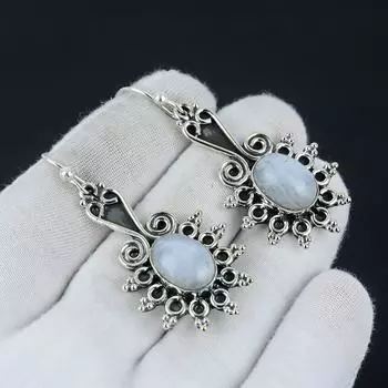 Серьги с натуральным лунным камнем, овальные серьги с драгоценными камнями, серьги из стерлингового серебра 925 пробы, серьги с радужным лунным камнем, женские серьги 2.36 белый