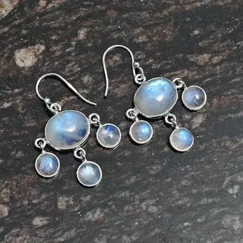 Серьги с натуральным лунным камнем, висячие серьги, подарок для нее, серьги из стерлингового серебра 925 пробы, серьги ручной работы, серьги-ободки