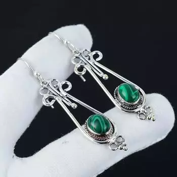Серьги с натуральным малахитом, серьги из стерлингового серебра 925 пробы, серьги-подвески из серебра ручной работы в стиле бохо, праздничные наряды в подарок 2.55 зелёный