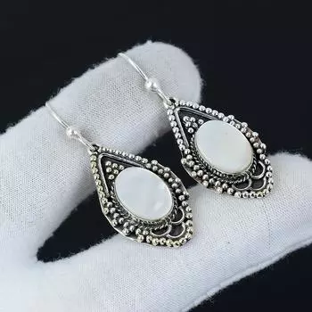 Серьги с натуральным перламутром и драгоценными камнями, серьги из стерлингового серебра 925 пробы, серьги-подвески из серебра ручной работы в стиле бохо, подарки на День благодарения 1.96 белый