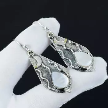 Серьги с натуральным перламутром и драгоценными камнями, серьги из стерлингового серебра 925 пробы, серьги-подвески ручной работы в стиле бохо из серебра, пасхальные гифки 2.55 белый